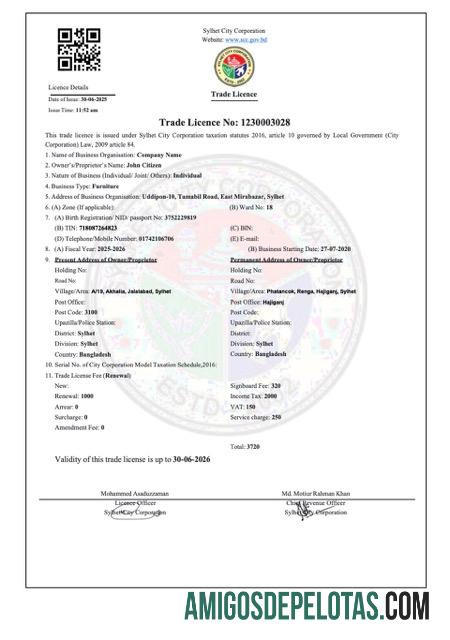 Licença comercial realista de Bangladesh Sylhet, modelo Word e PDF